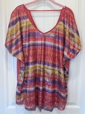 Maurices Multicolor Rainbow Shimmer Festival Fun Sequin Stripe V-Neck Tunic 3X